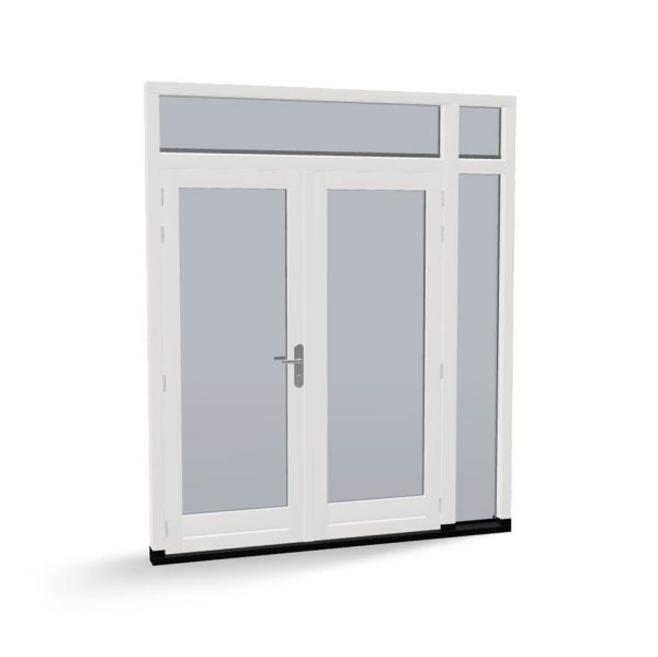 Houten dubbele deuren met zijlicht en 2 bovenlichten, buitendraaiend