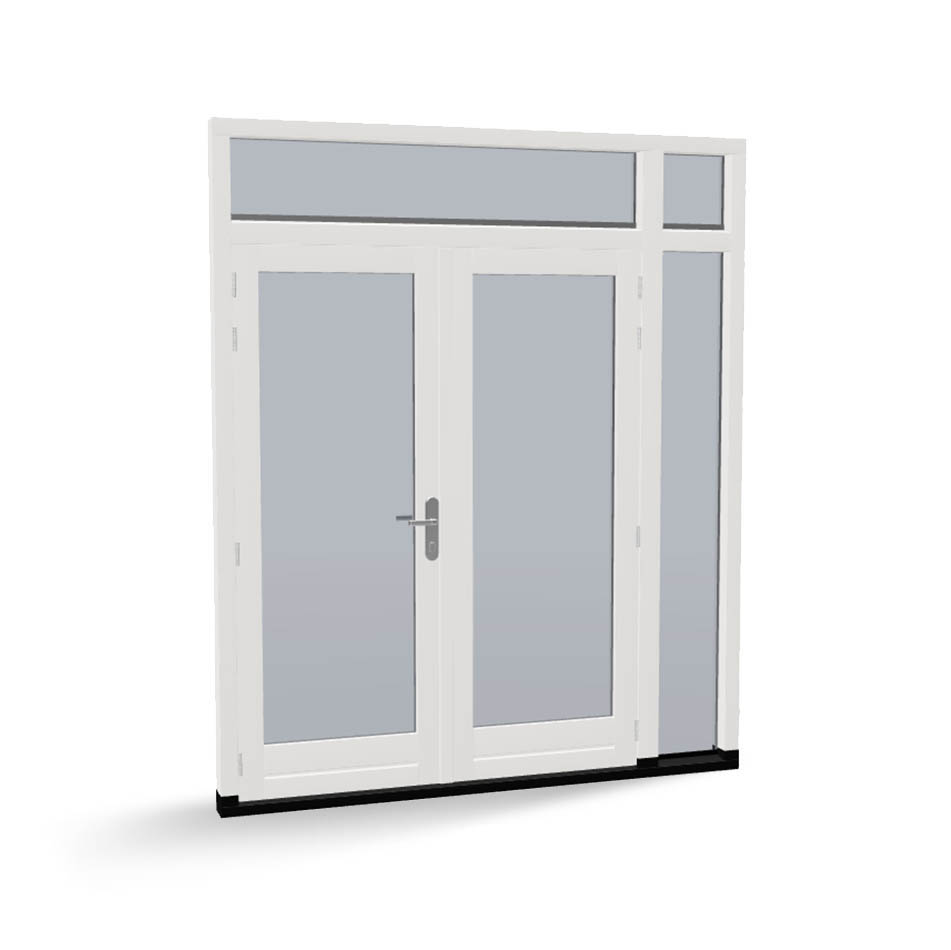 Houten dubbele deuren met zijlicht en 2 bovenlichten, buitendraaiend