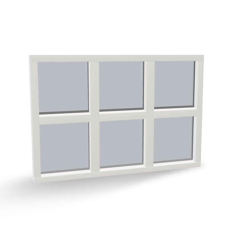 Houten vast glas kozijn 6-vaks, 3 naast, 2 boven elkaar