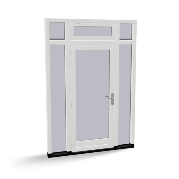 Houten deur met 2 zijlichten, 2 bovenlichten en uitzetraam, buitendraaiend