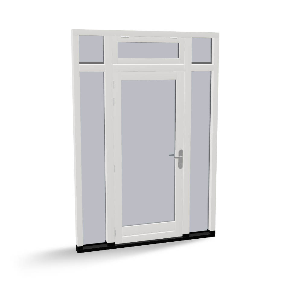 Houten deur met 2 zijlichten, 2 bovenlichten en uitzetraam, buitendraaiend