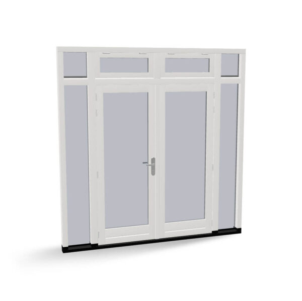 Houten dubbele deuren met 2 zijlichten, 2 bovenlichten en 2 uitzetramen