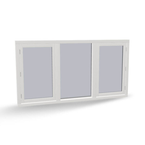 Houten raamkozijn met 2 draairamen en vast glas, 3 vaks